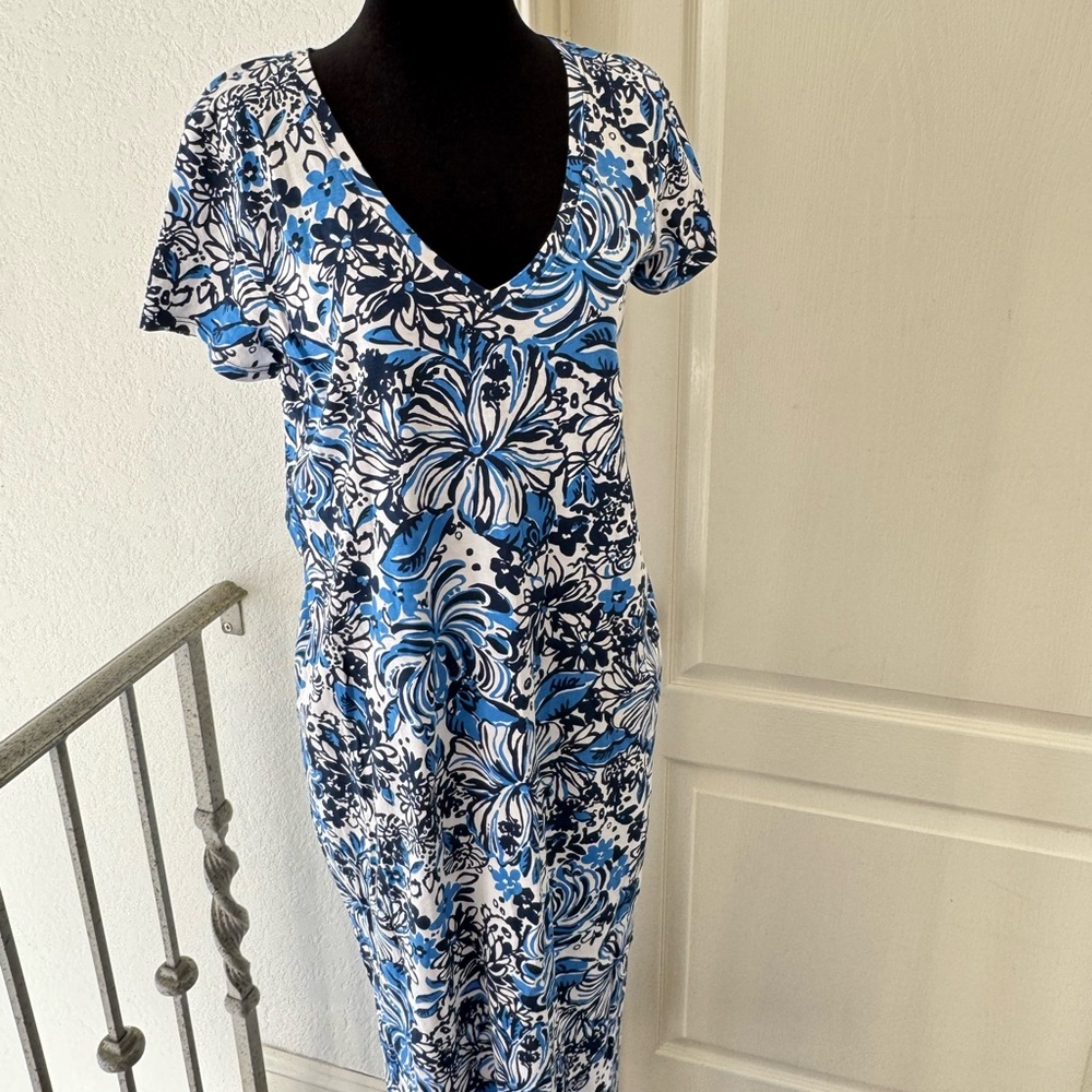 Lilly Pulitzer Sz Large Etta Maxi Dress Blue White Low Tide Navy Pandarama - Picture 4 of 10